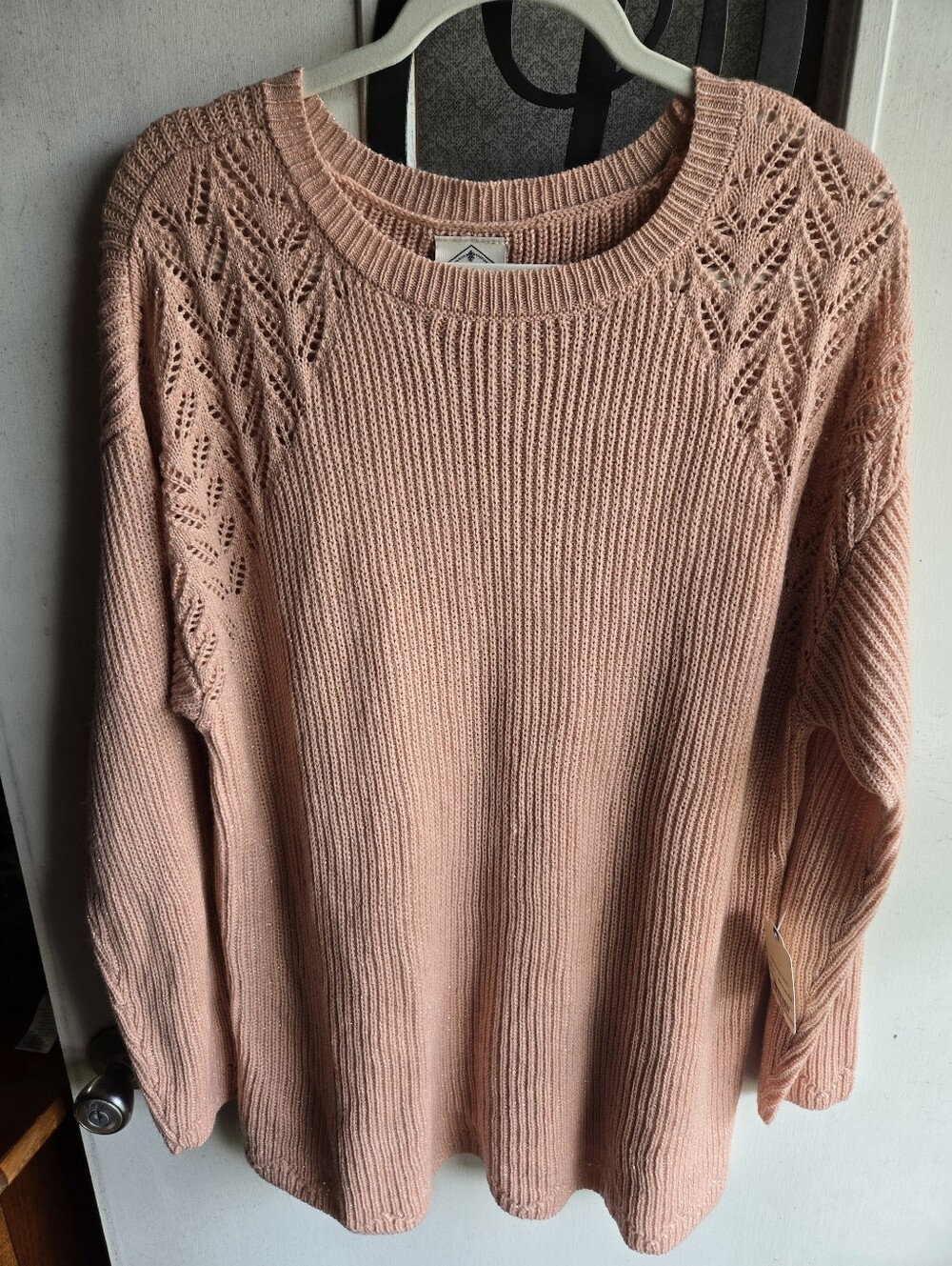 St. John's Bay Blush Pink Crewneck Sweater with Lace-Style Shoulder Detail NWT